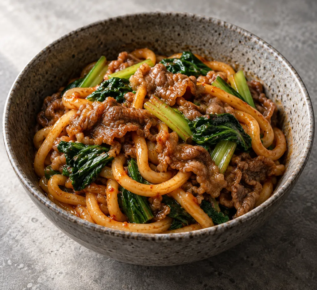 牛薄切り肉と小松菜のうどんビビン麺の完成イメージ