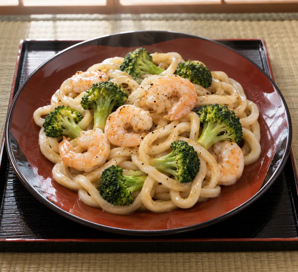 えびとブロッコリーの塩焼きうどんの完成イメージ
