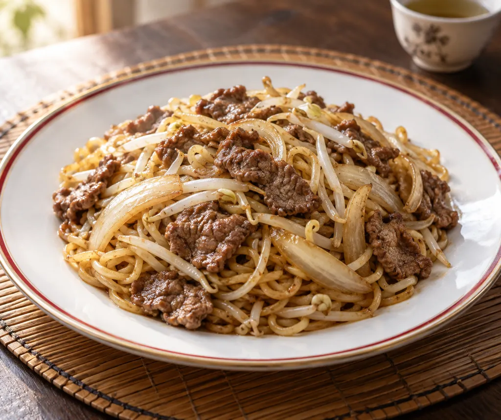 牛こま肉と玉ねぎのにんにく塩焼きそばの完成イメージ