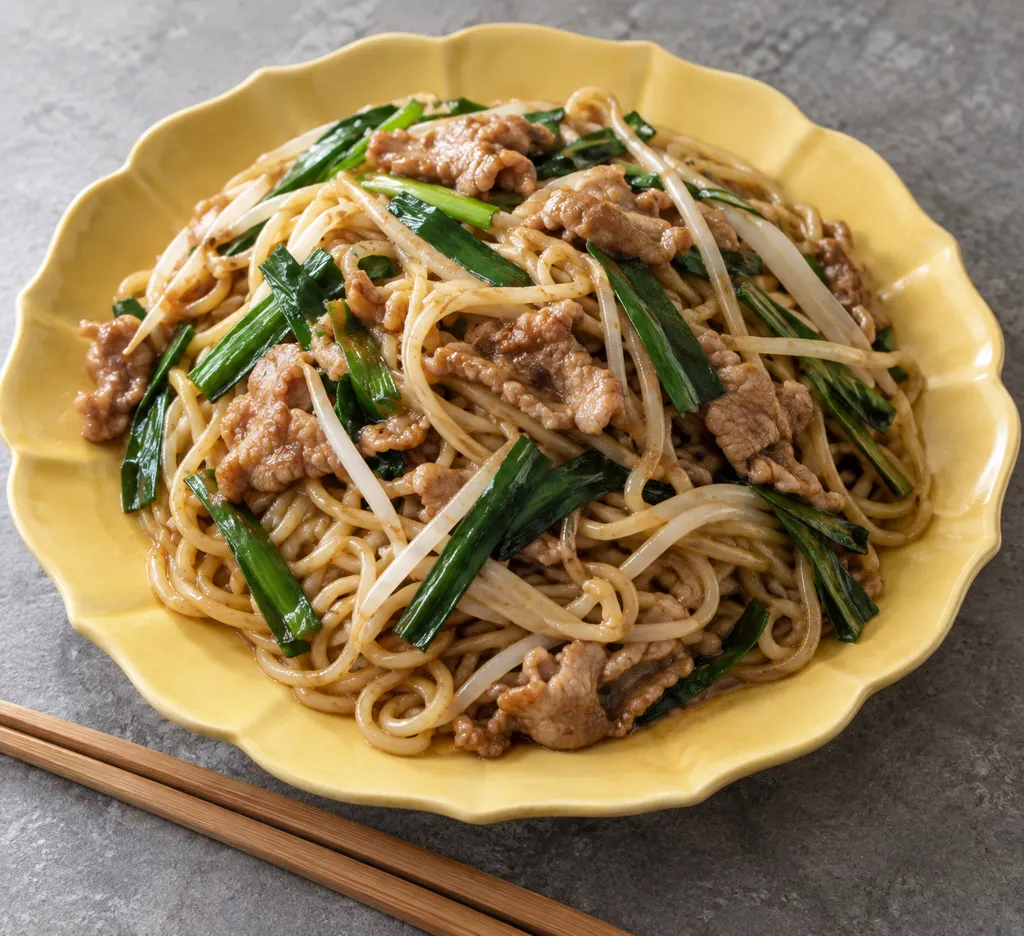 豚こまとニラの中華焼き麺の完成イメージ