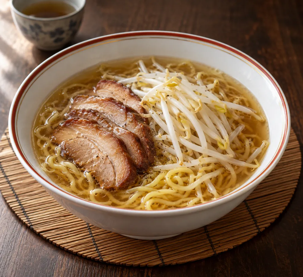 チャーシューともやしの中華スープ麺の完成イメージ