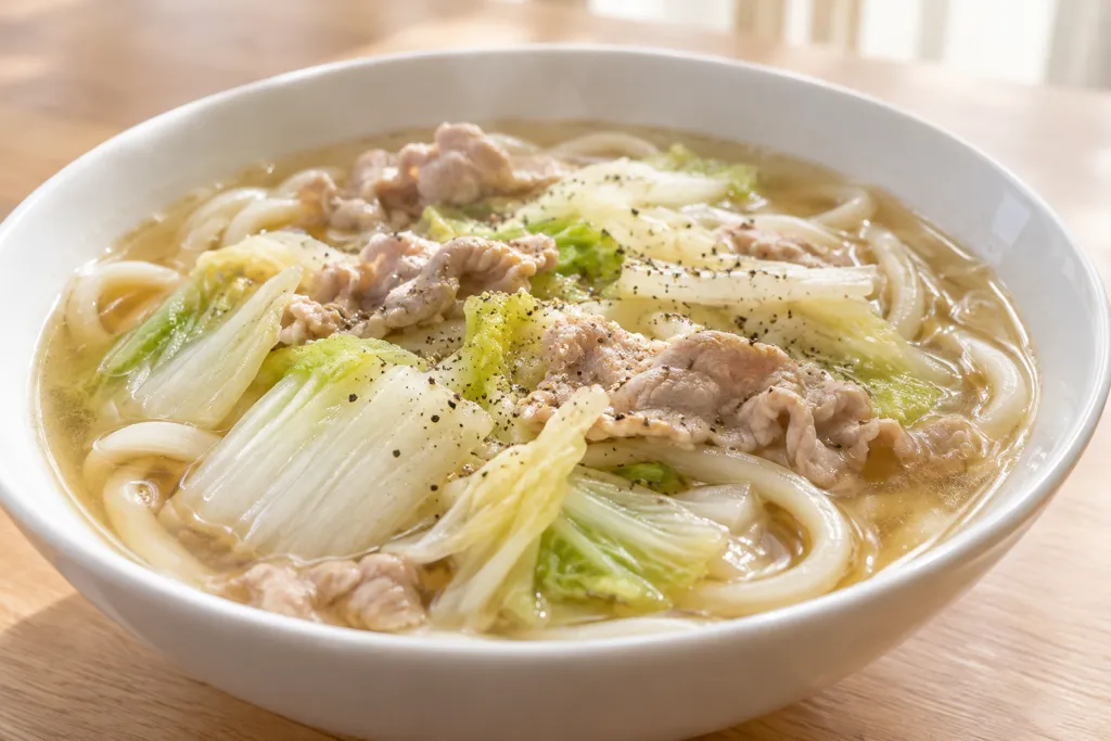 豚こま肉と白菜の中華スープうどんの完成イメージ