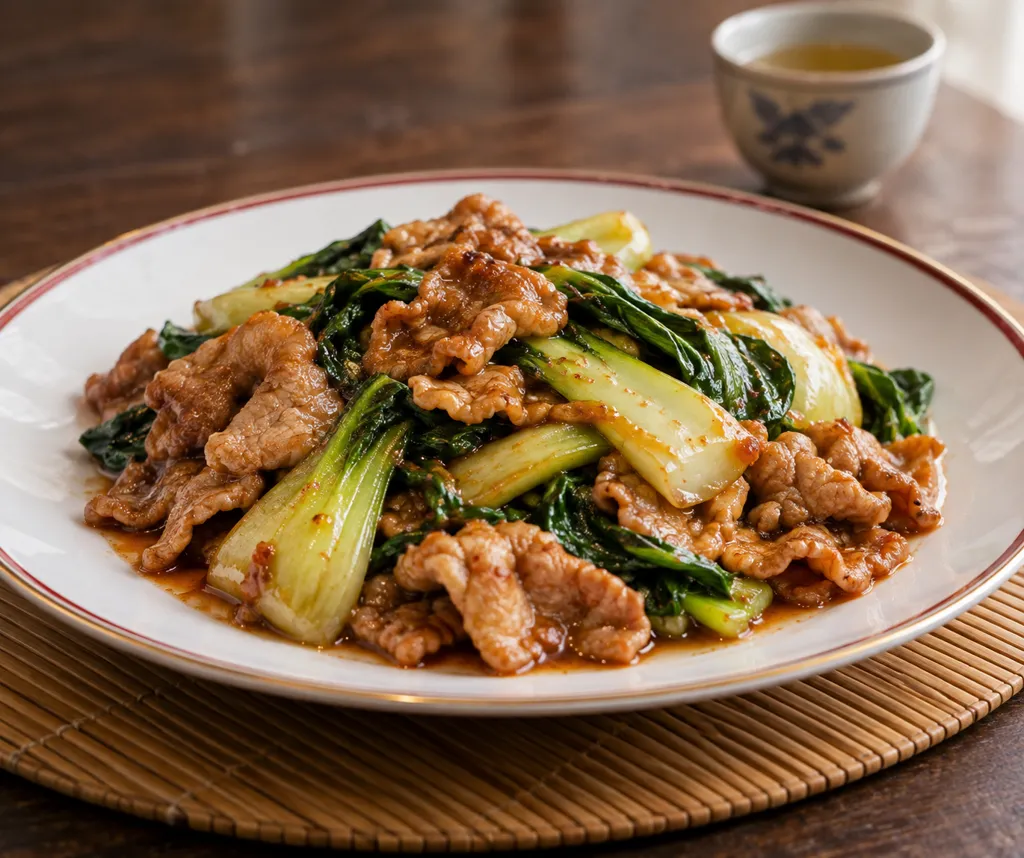 豚こま肉とチンゲン菜のピリ辛味噌炒めの完成イメージ