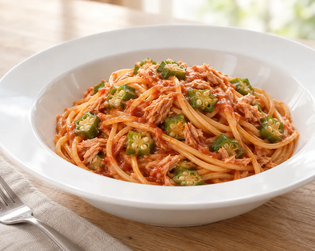 ツナとオクラのケチャップパスタの完成イメージ