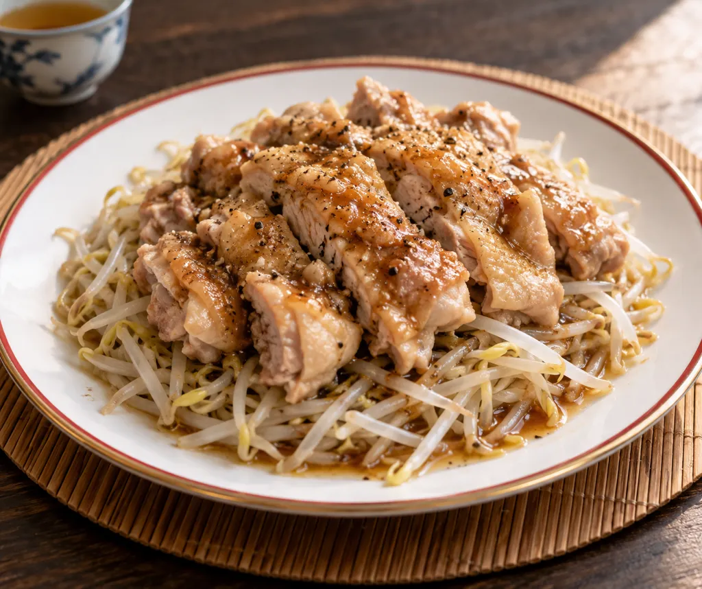 鶏もも肉ともやしの中華蒸し鶏の完成イメージ