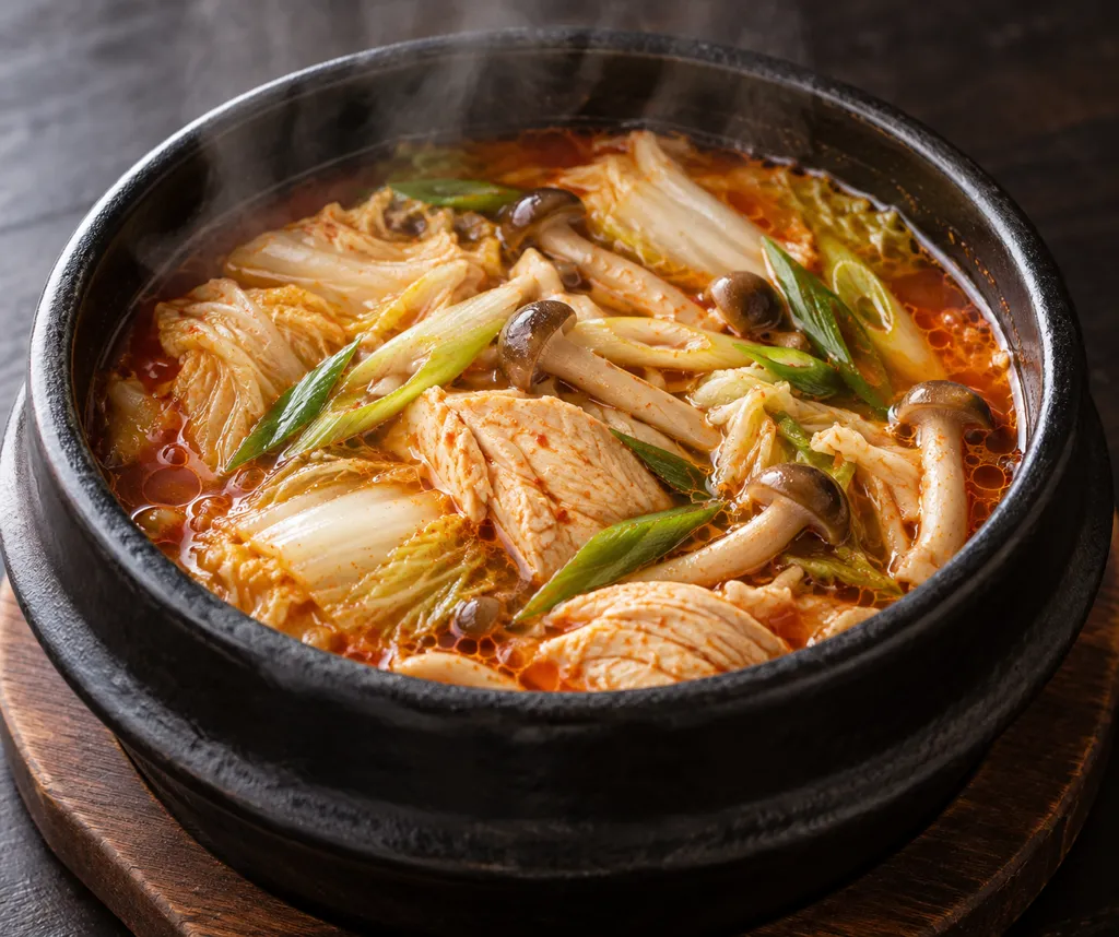 時短鶏むね肉と白菜のユッケジャン風鍋の完成イメージ