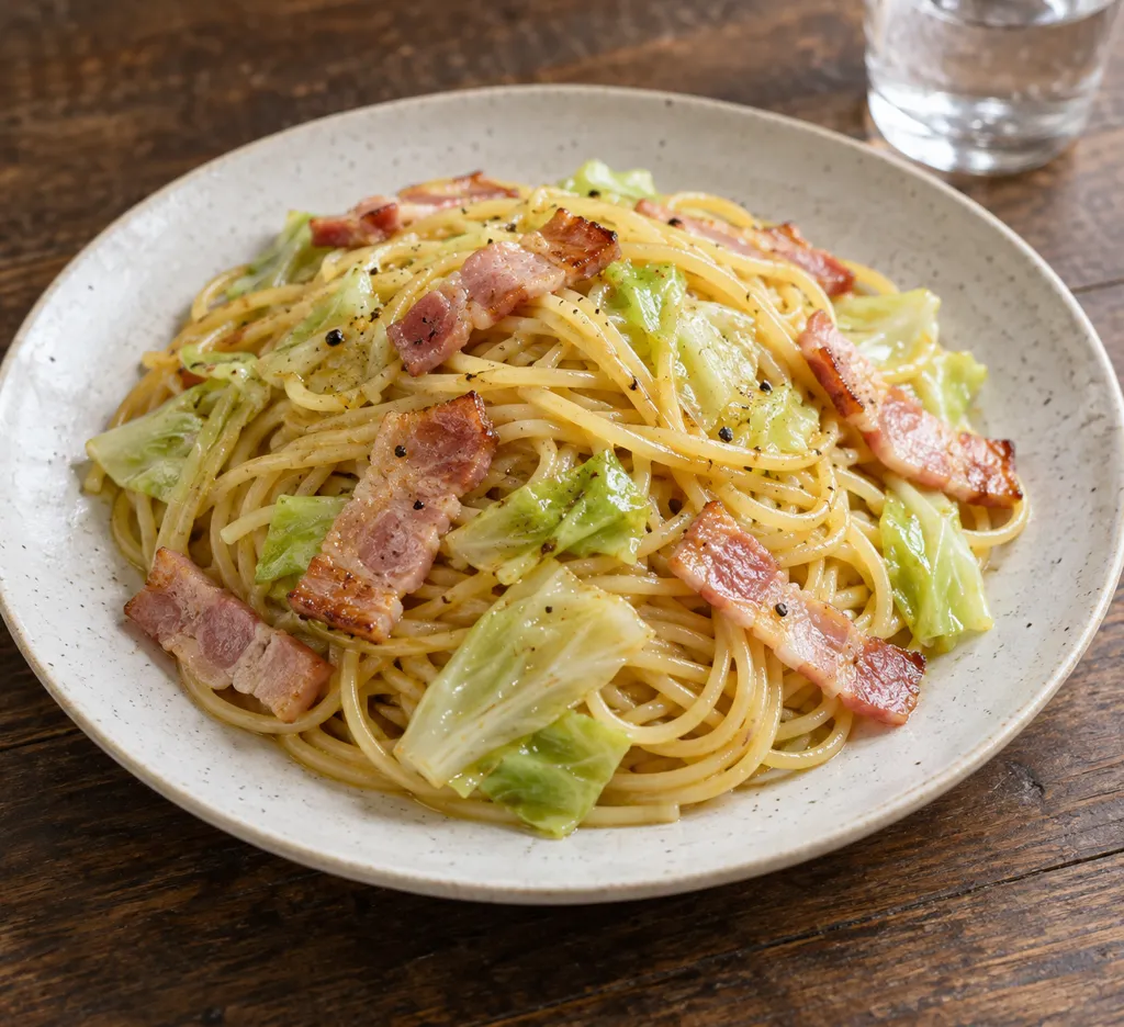 時短ベーコンとキャベツのペペロン風パスタの完成イメージ