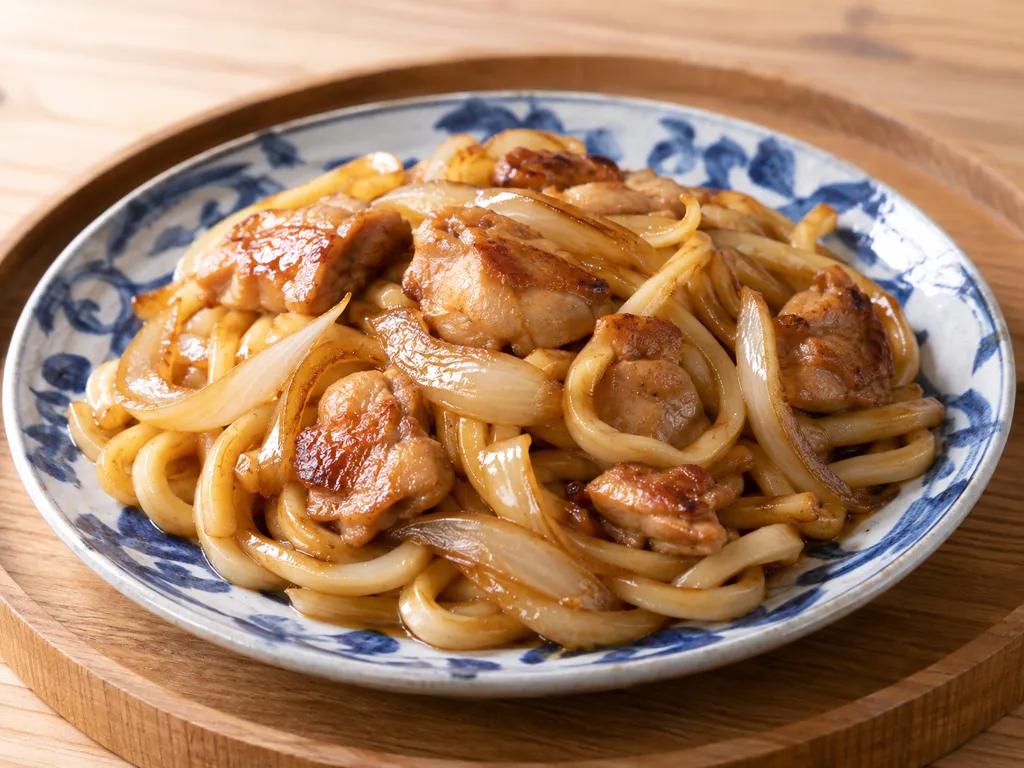 鶏もも肉と玉ねぎの甘辛焼きうどんの完成イメージ