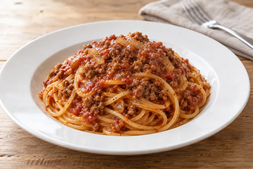 時短合いびき肉と玉ねぎのミートソースパスタの完成イメージ