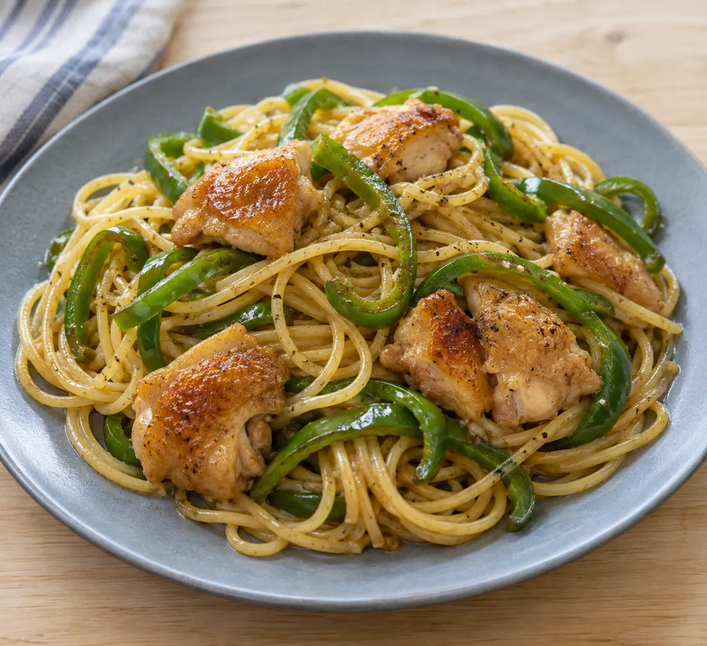 鶏もも肉とピーマンのにんにく醤油パスタの完成イメージ