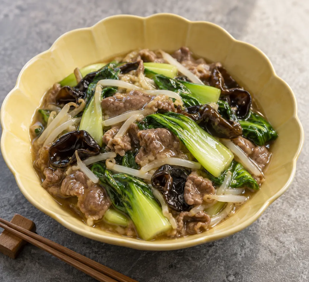 牛こま肉とチンゲン菜の八宝菜あんの完成イメージ