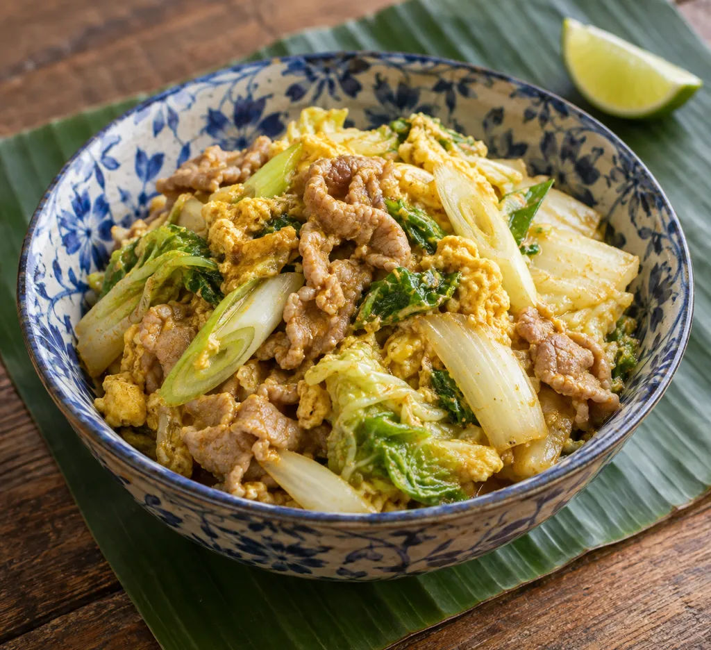 豚こま肉と白菜のタイ風カレー卵炒めの完成イメージ