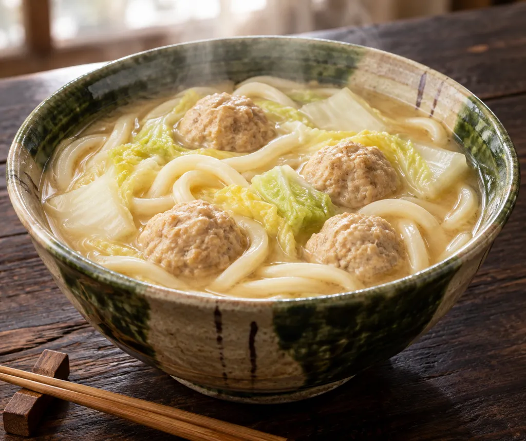 鶏団子と白菜の味噌煮込みうどんの完成イメージ