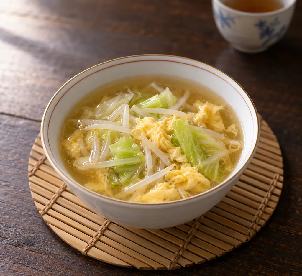 もやしとキャベツの卵入り中華汁の完成イメージ
