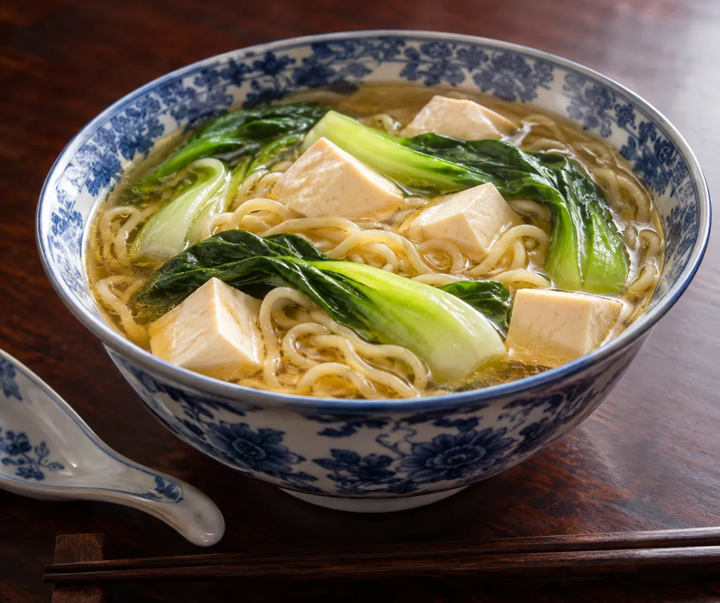 豆腐とチンゲン菜の中華スープ麺の完成イメージ