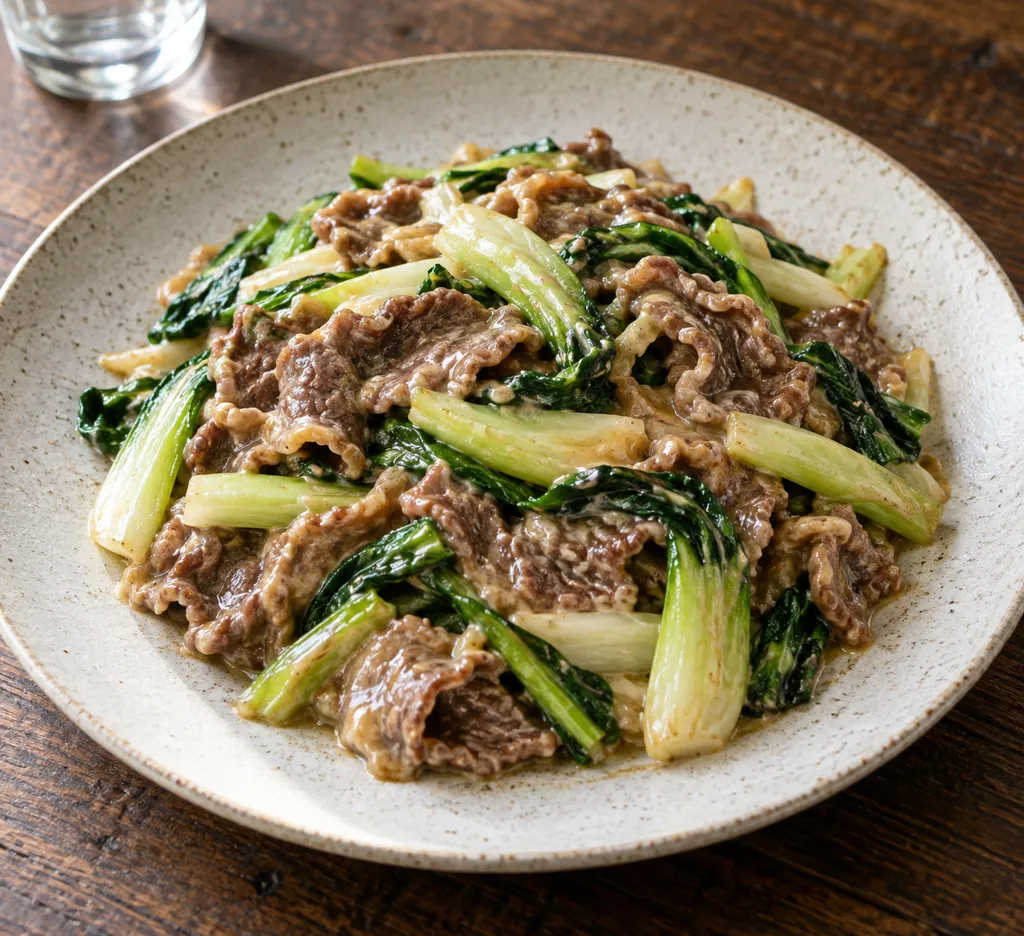 牛肉とチンゲン菜のマヨ炒めの完成イメージ