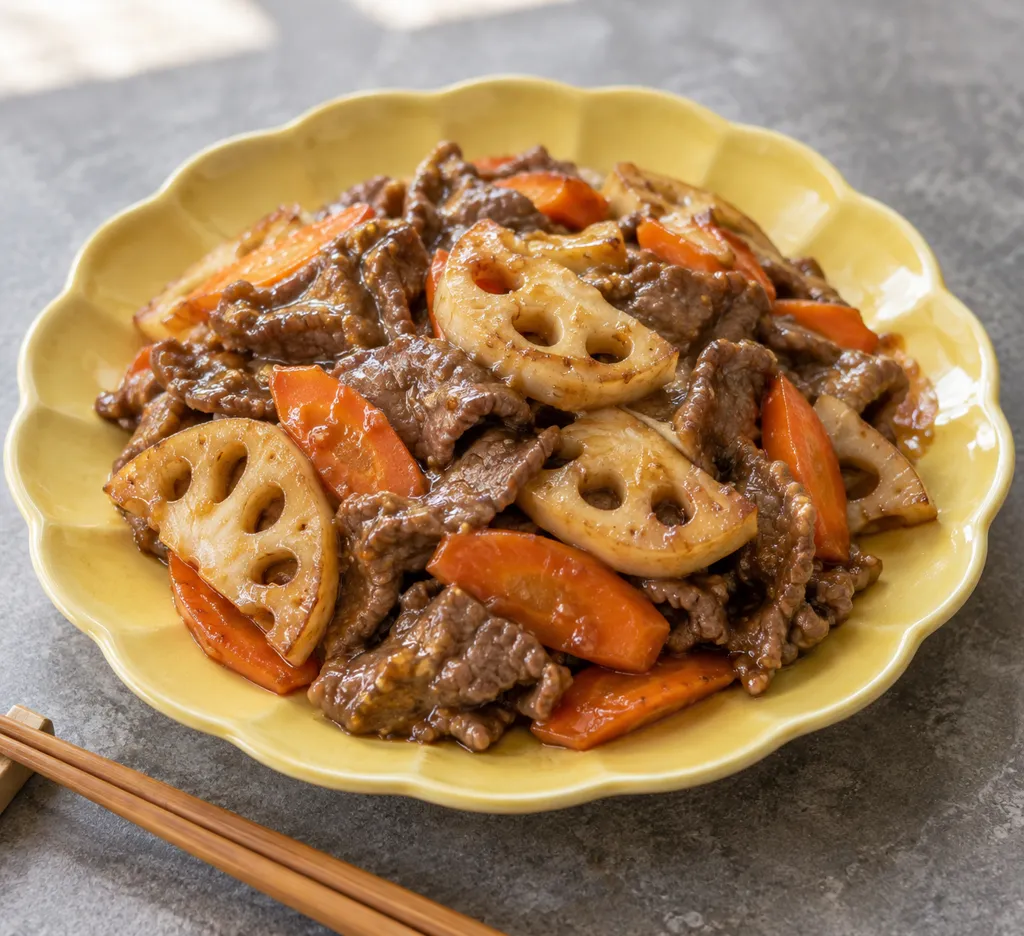 牛もも肉とれんこんの味噌甘酢炒めの完成イメージ