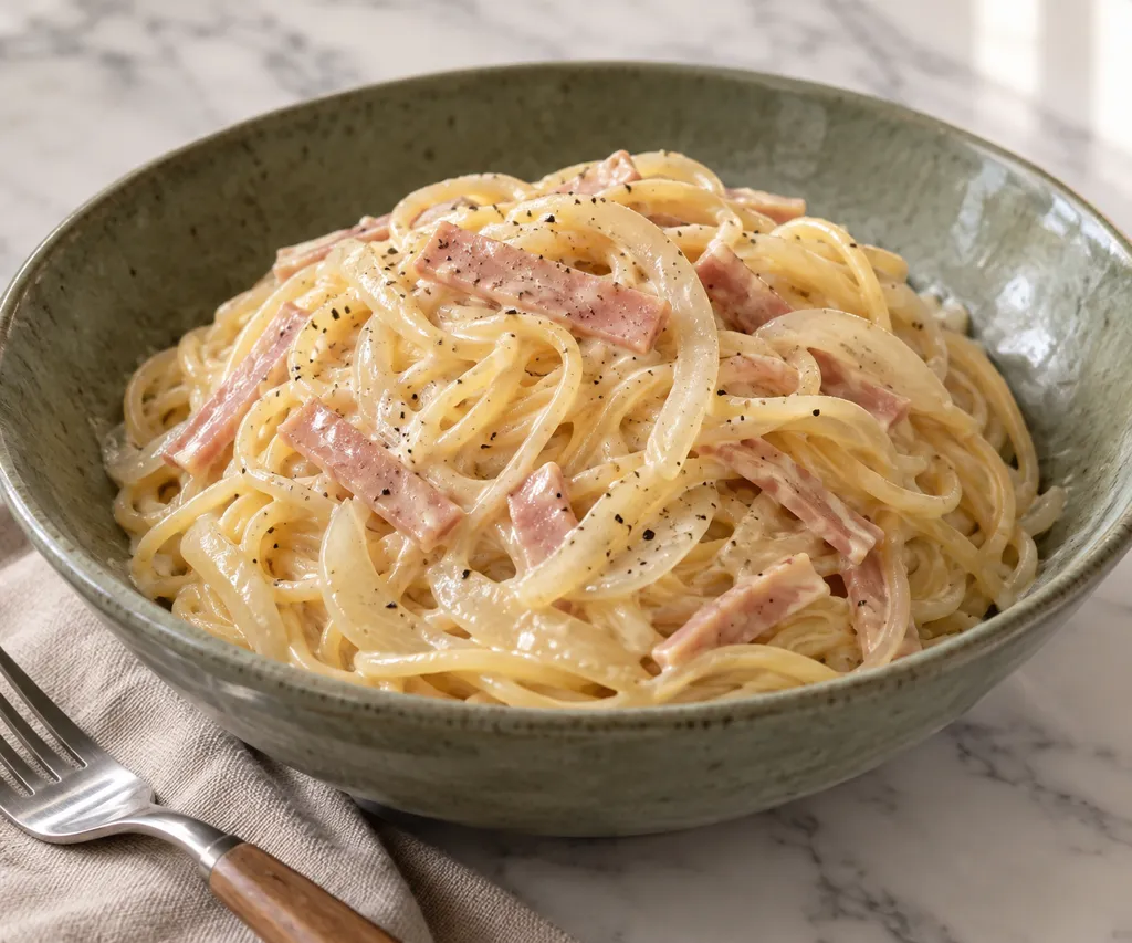 ハムと玉ねぎのクリーム風パスタの完成イメージ