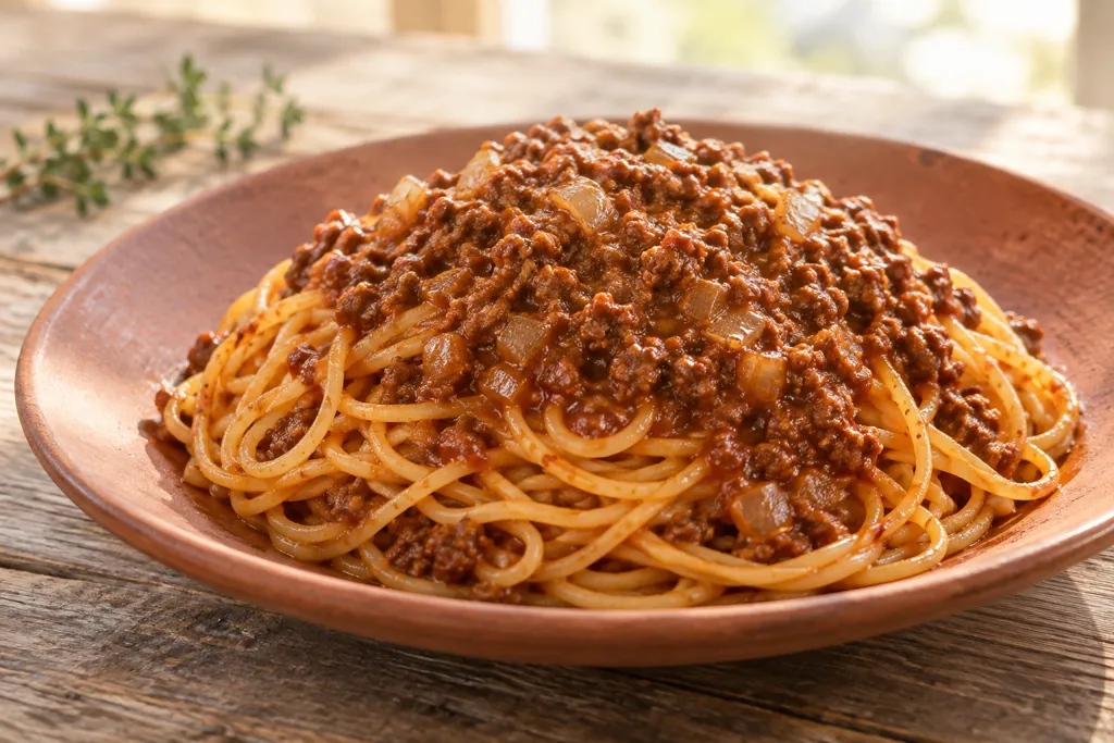 合いびき肉と玉ねぎのミートソースパスタの完成イメージ