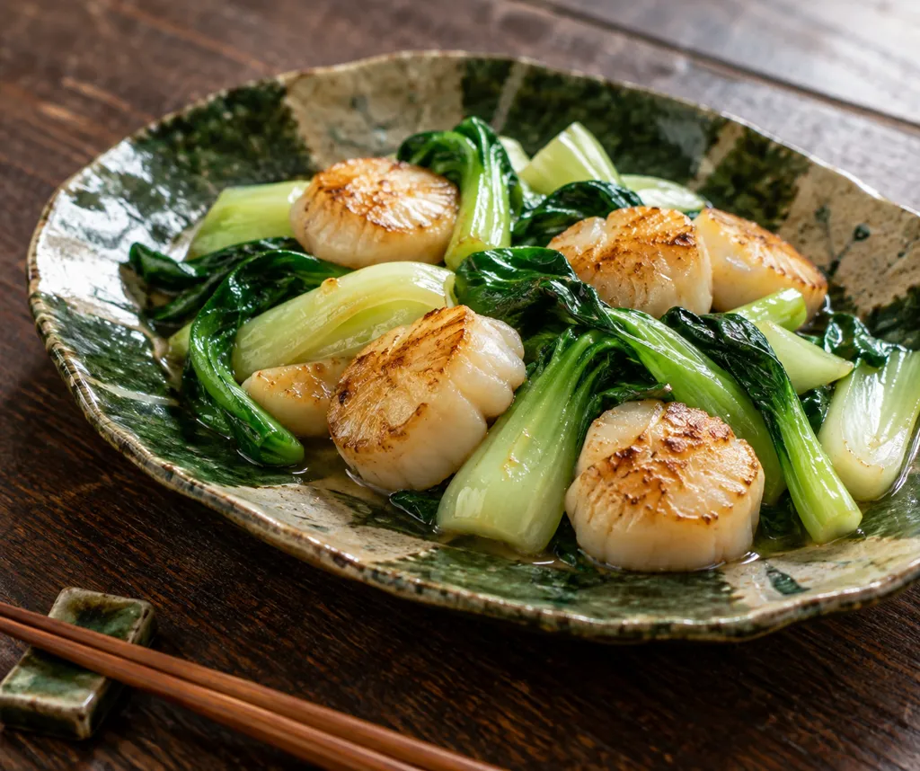ほたてとチンゲン菜の酒蒸し炒めの完成イメージ
