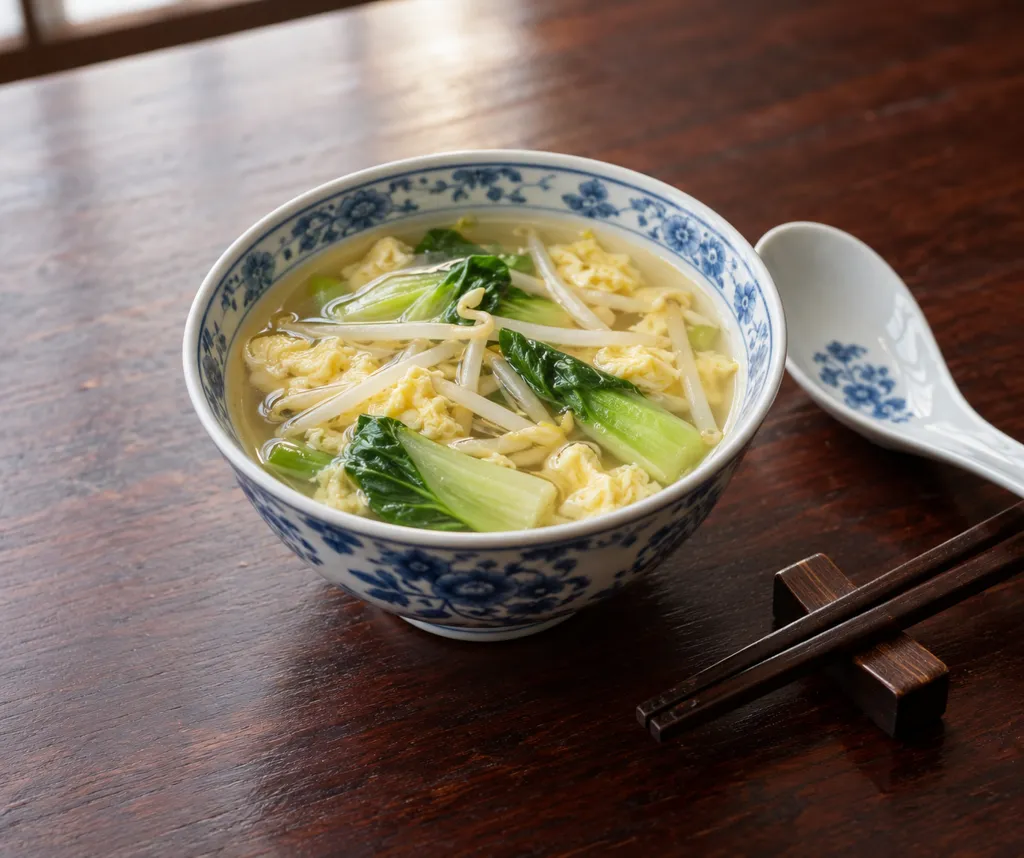 もやしとチンゲン菜の中華卵スープの完成イメージ