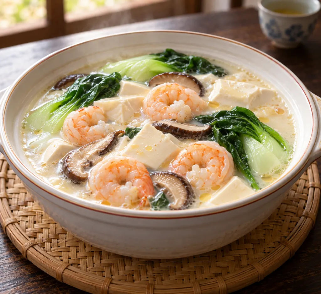 絹ごし豆腐とえびの中華豆乳風鍋の完成イメージ