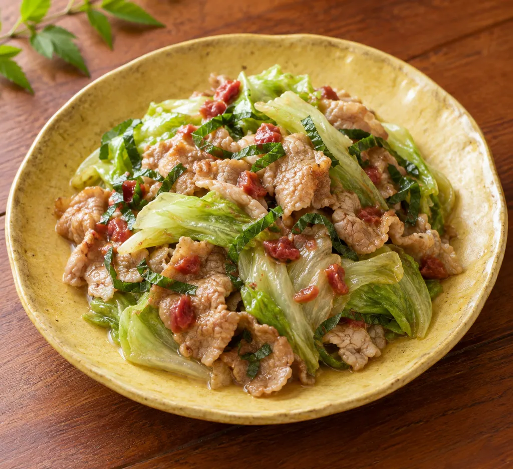 豚こま肉とレタスの梅しそ炒めの完成イメージ