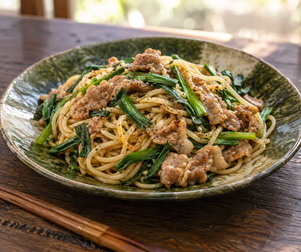 豚こま肉とニラの塩焼きそばの完成イメージ