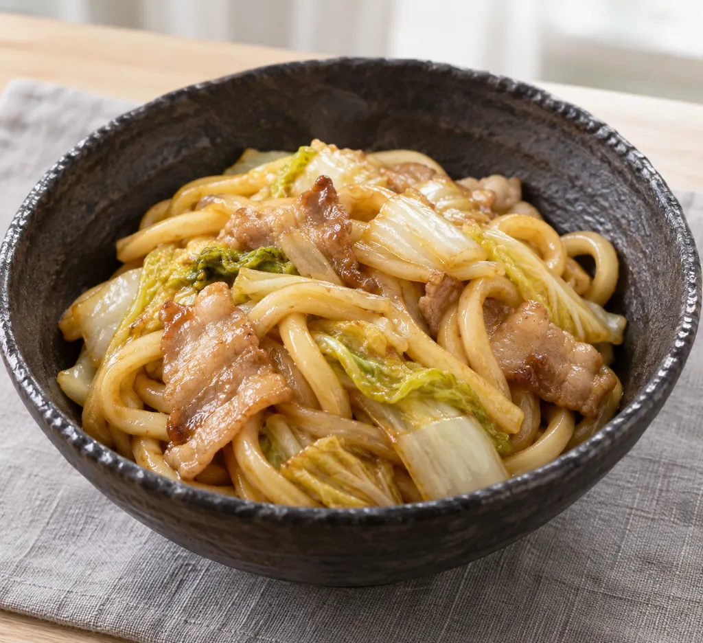 豚バラ肉と白菜の和風焼きうどんの完成イメージ