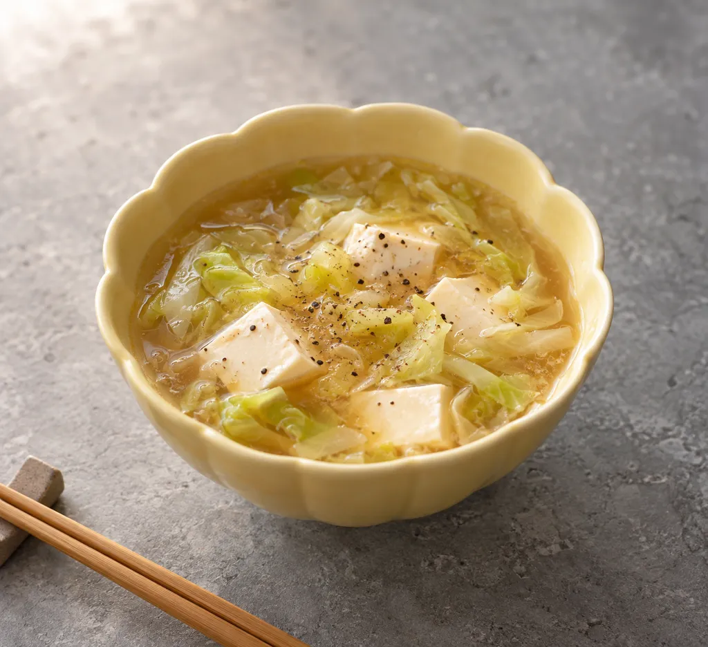 キャベツと豆腐の酸辣スープの完成イメージ