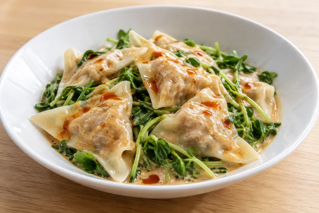 豚ひき肉と豆苗のゆでワンタンごまだれの完成イメージ