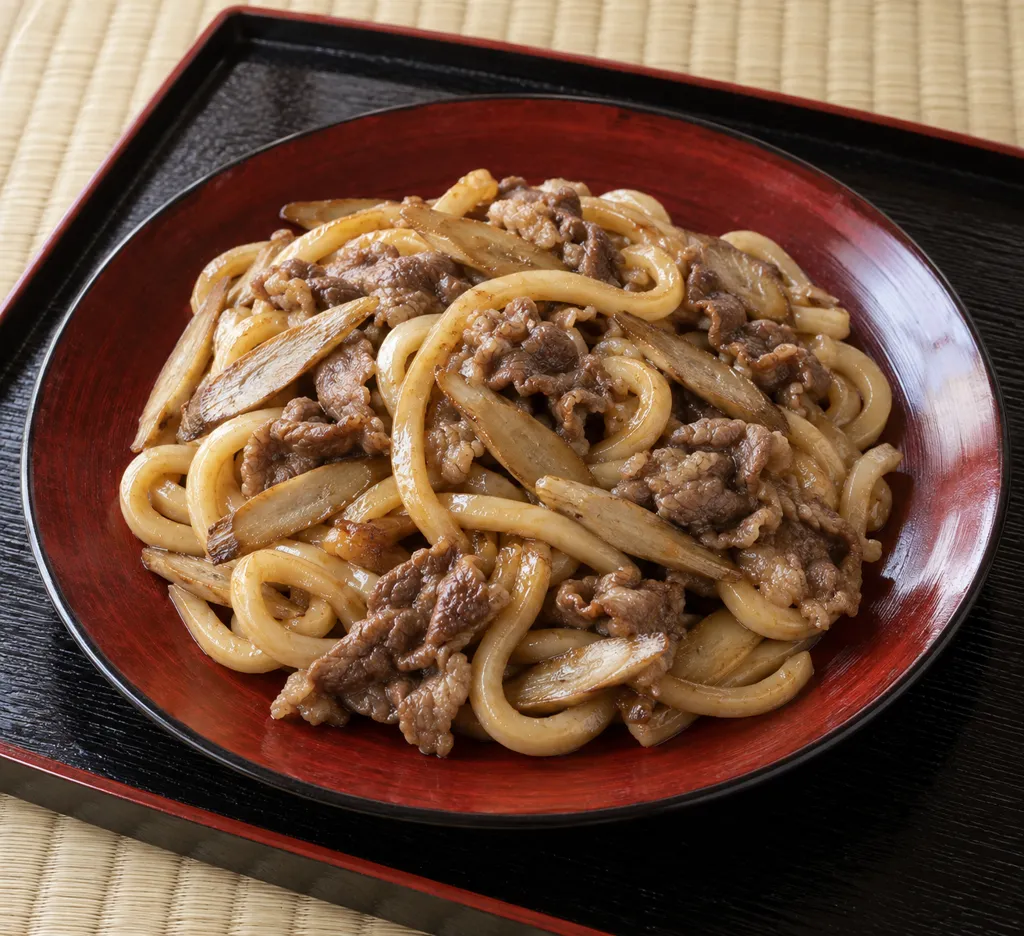 牛こま肉とごぼうの和風焼きうどんの完成イメージ