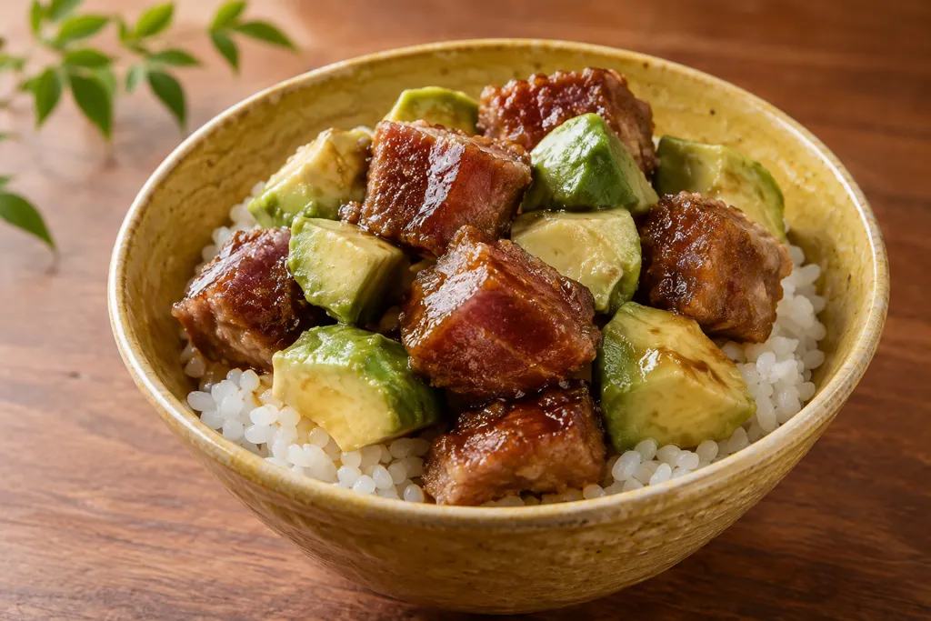 まぐろとアボカドのから揚げ丼の完成イメージ