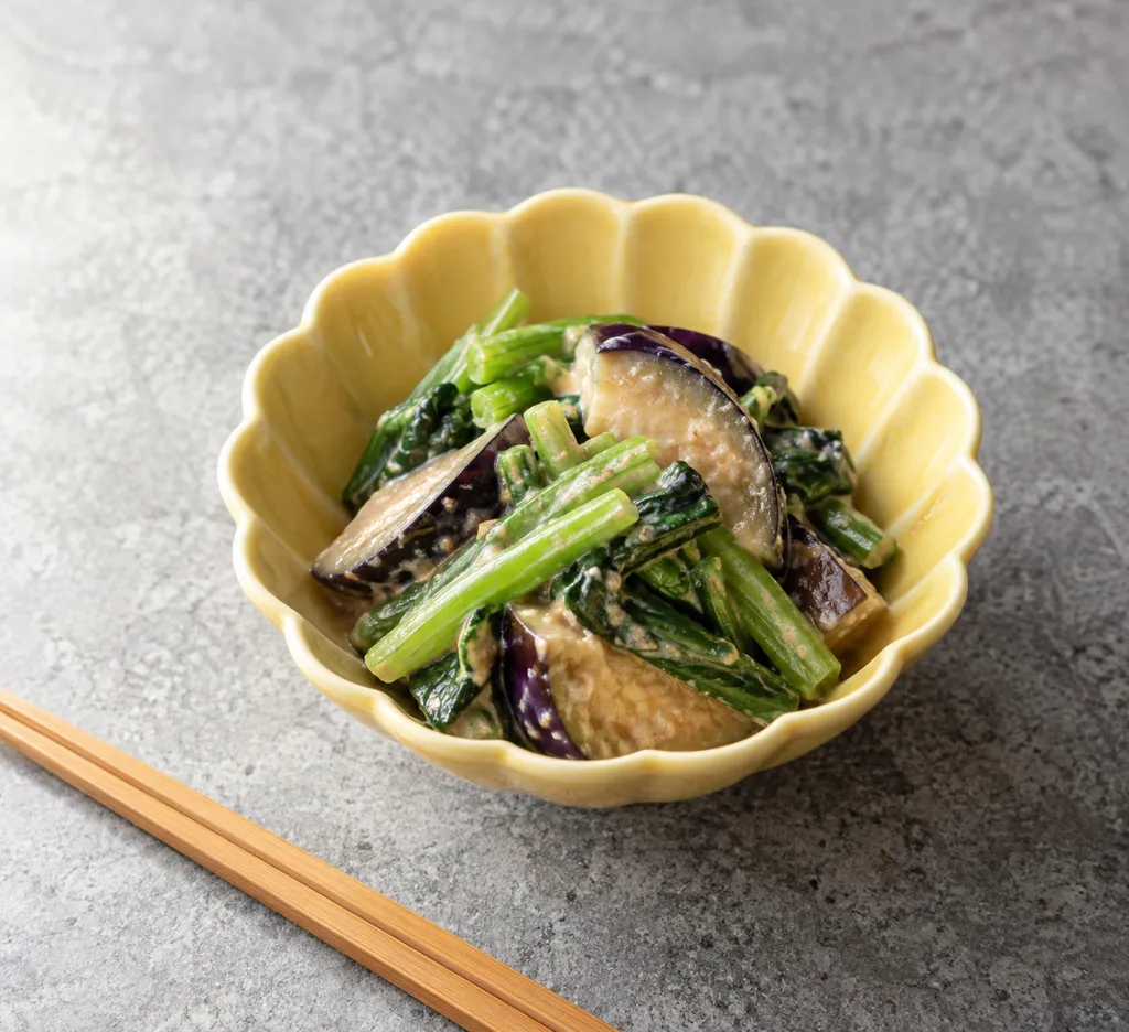 小松菜となすの中華ごま味噌和えの完成イメージ