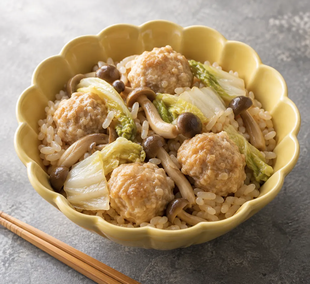 鶏団子と白菜の中華炊き込みご飯の完成イメージ