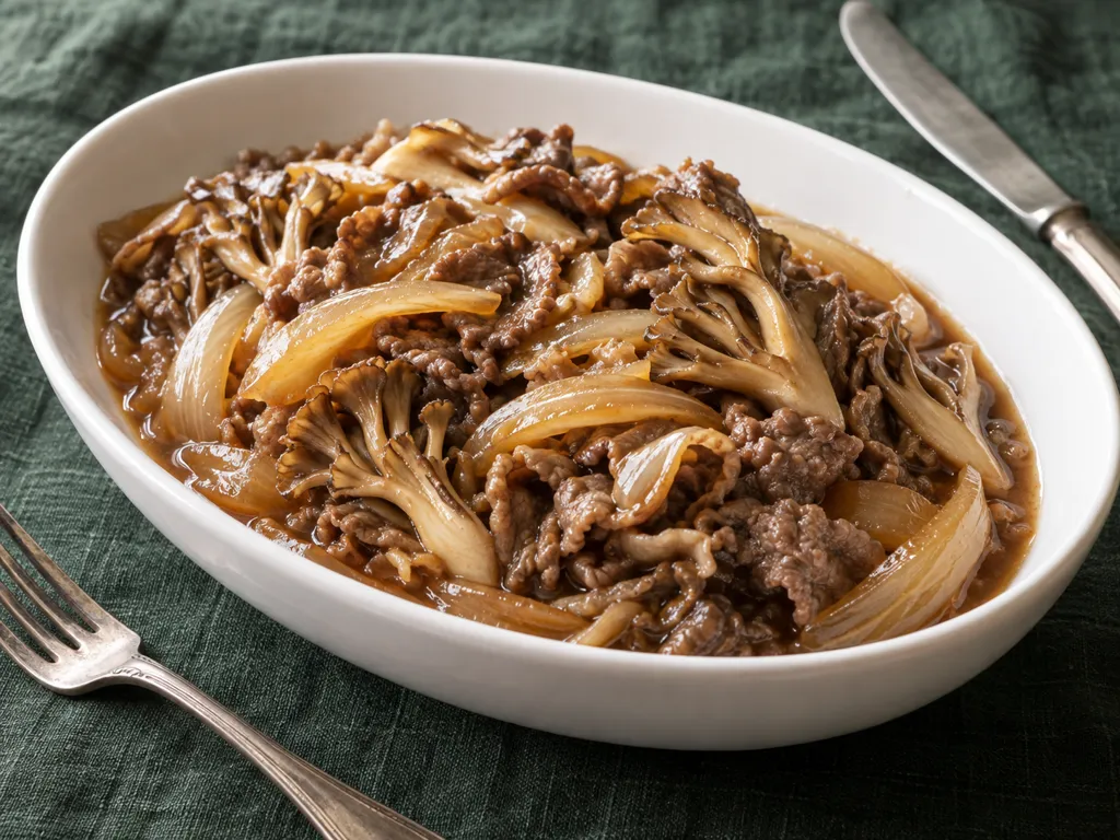牛こま肉とまいたけの玉ねぎソース煮の完成イメージ