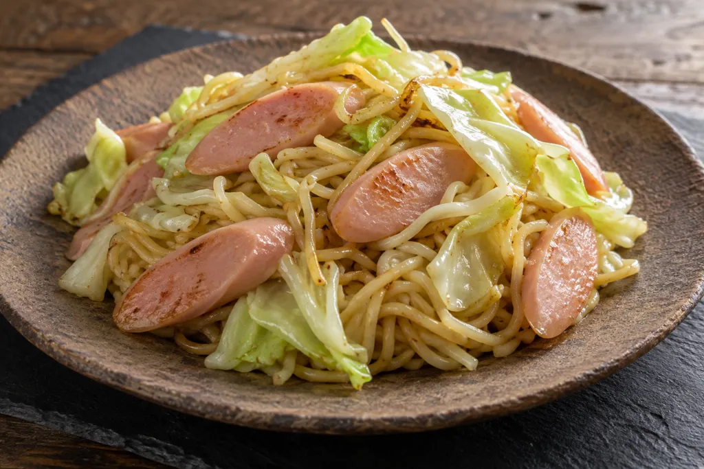 魚肉ソーセージとキャベツの塩焼きそばの完成イメージ
