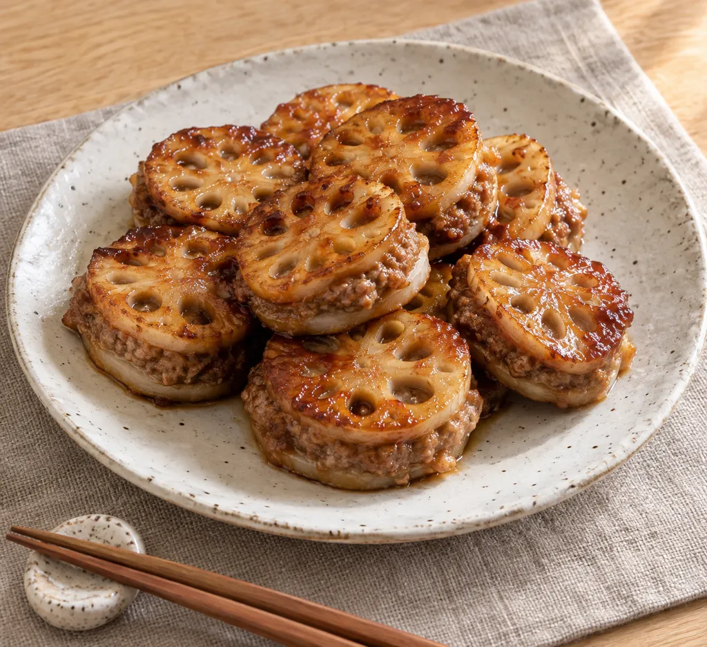 れんこんと豚ひき肉の甘辛はさみ焼きの完成イメージ
