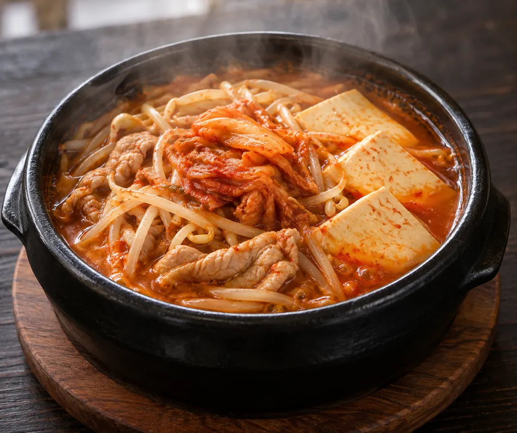 時短豚こま肉ともやしの豆腐キムチ鍋の完成イメージ