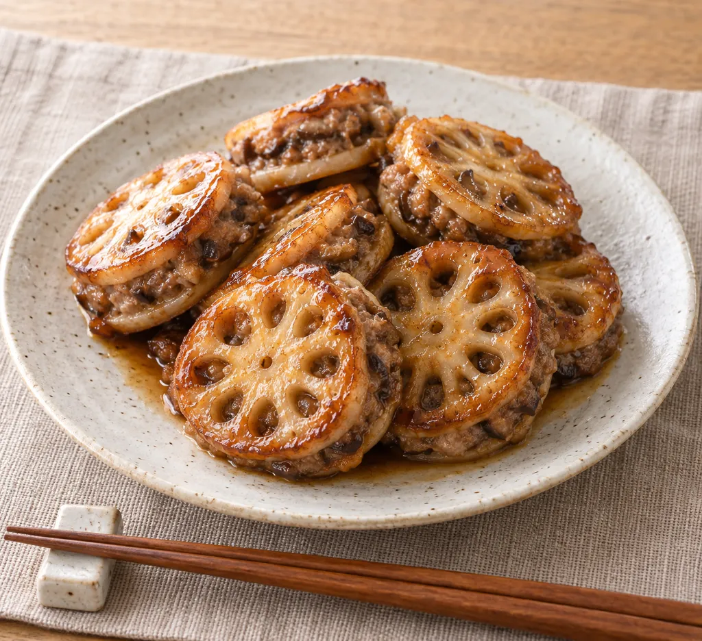 れんこんとしいたけのはさみ焼きの完成イメージ