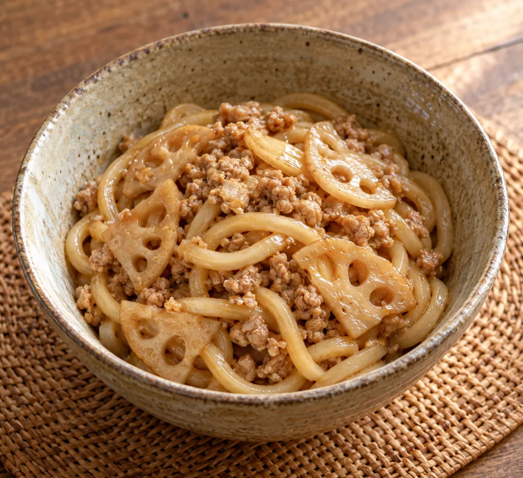 鶏ひき肉とれんこんの和風焼きうどんの完成イメージ
