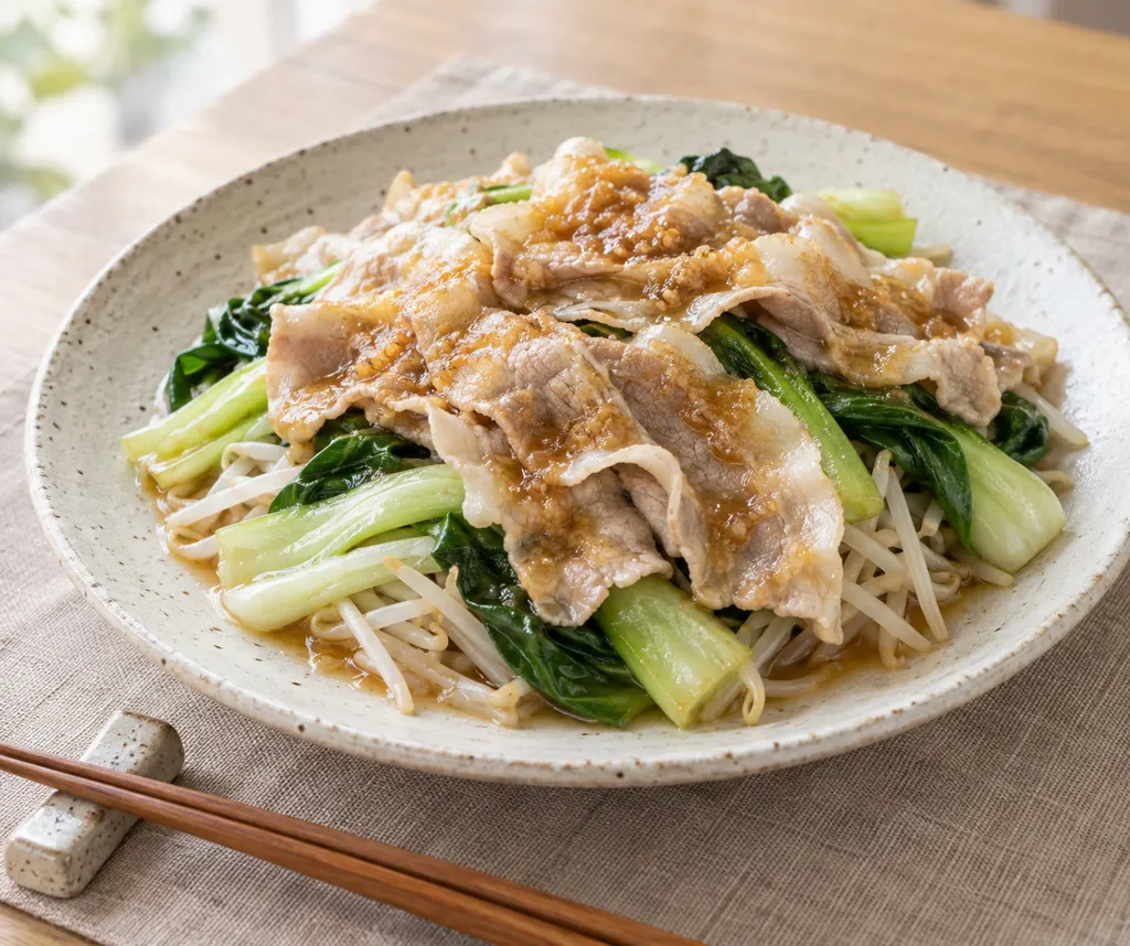 豚バラとチンゲン菜のレンジ蒸しの完成イメージ