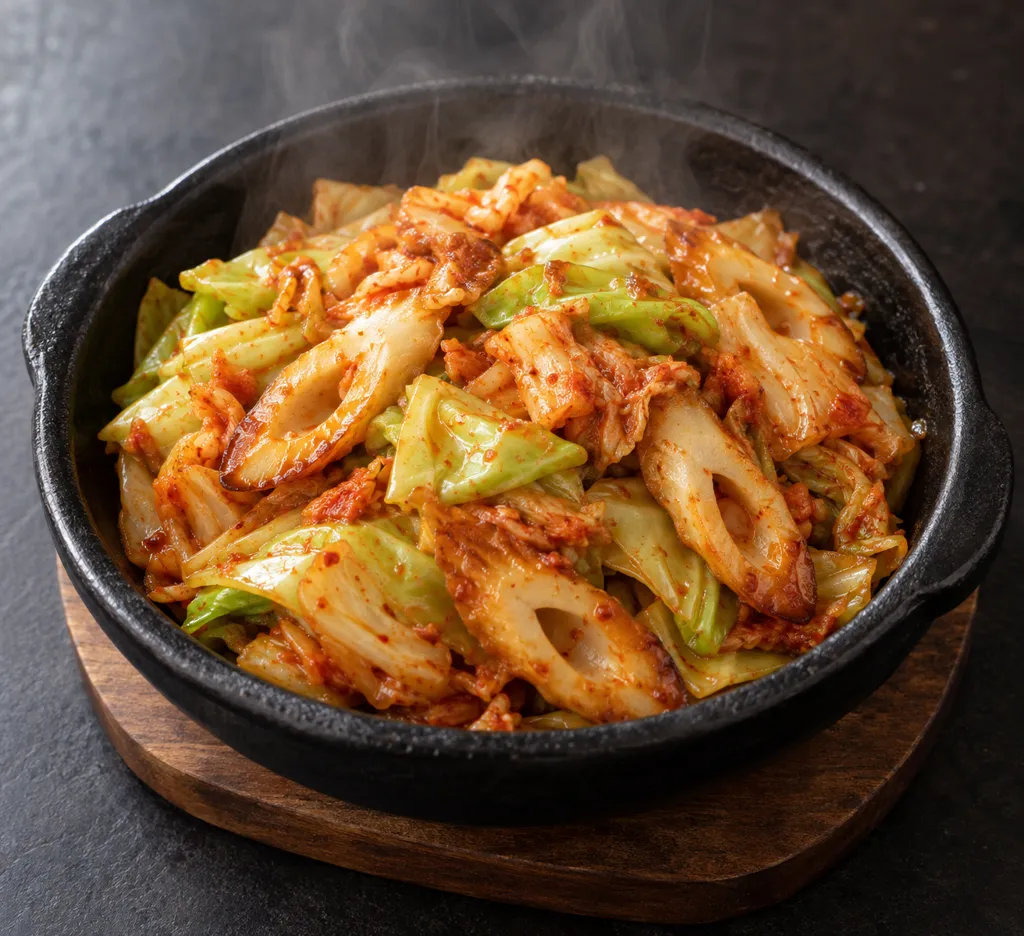 えびとチンゲン菜のキムチ炒めの完成イメージ