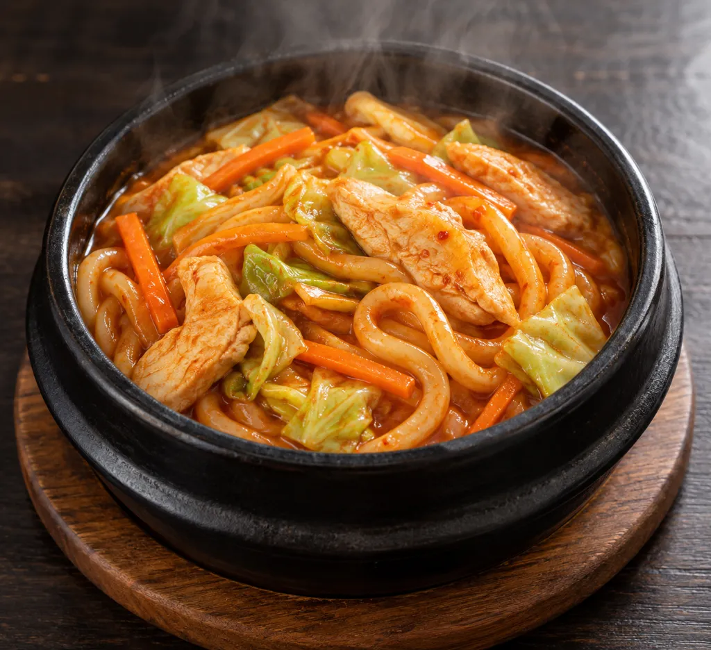 鶏むね肉とキャベツの韓国辛うどんの完成イメージ