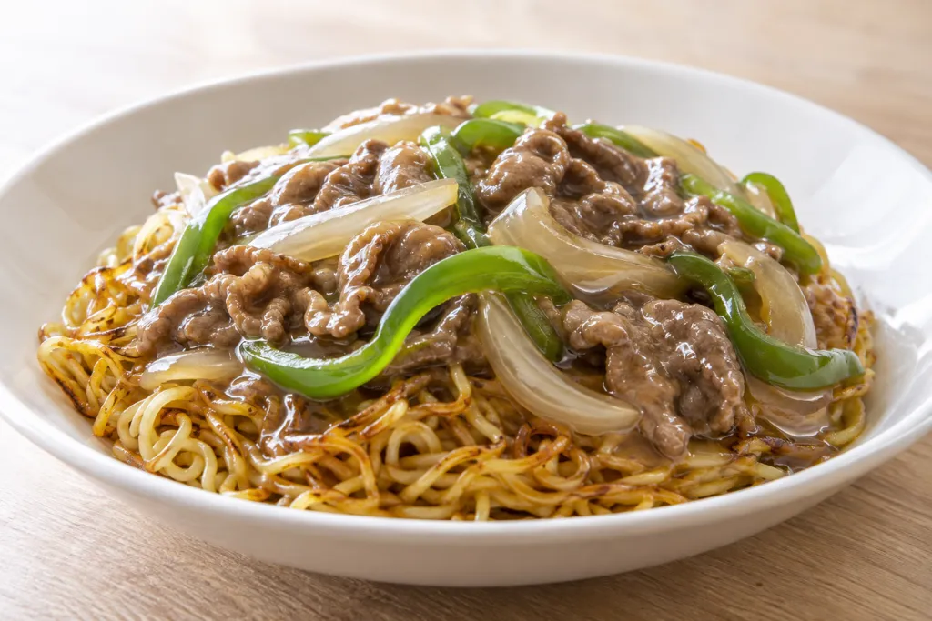 牛こま肉とピーマンのあんかけ焼きそばの完成イメージ