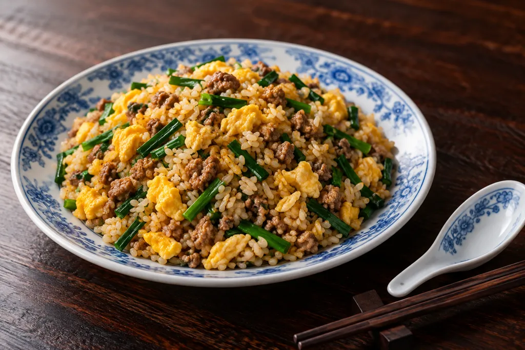 豚ひき肉とニラの卵チャーハンの完成イメージ