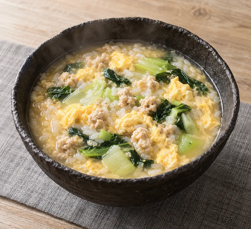 鶏ひき肉とチンゲン菜の卵雑炊の完成イメージ