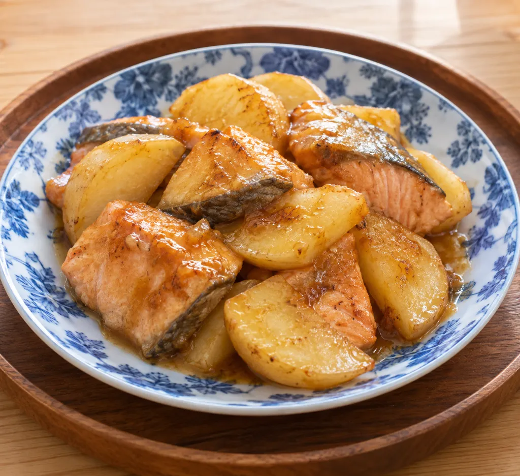 鮭とじゃがいもの味噌バター蒸し焼きの完成イメージ