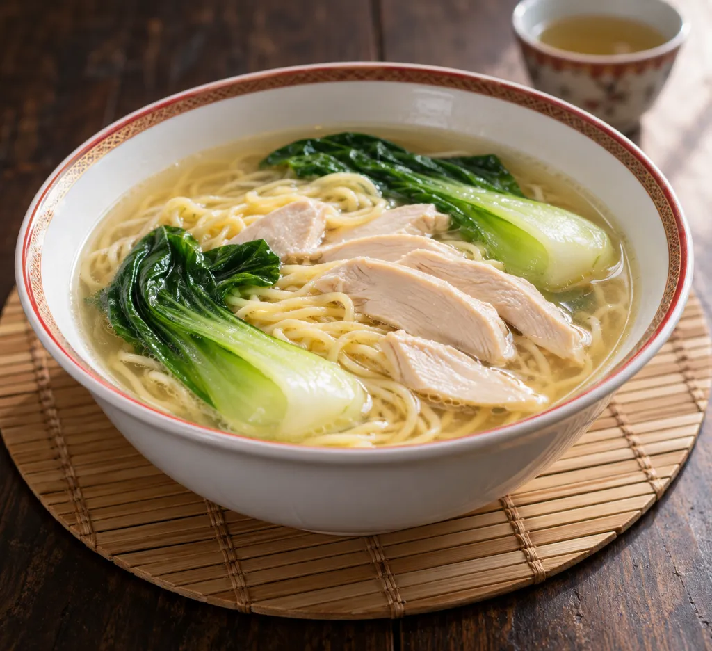 鶏むね肉とチンゲン菜の中華スープ麺の完成イメージ