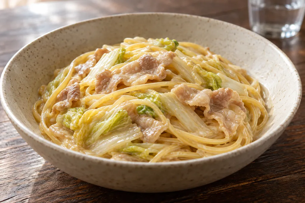 豚バラ肉と白菜の味噌クリーム風パスタの完成イメージ